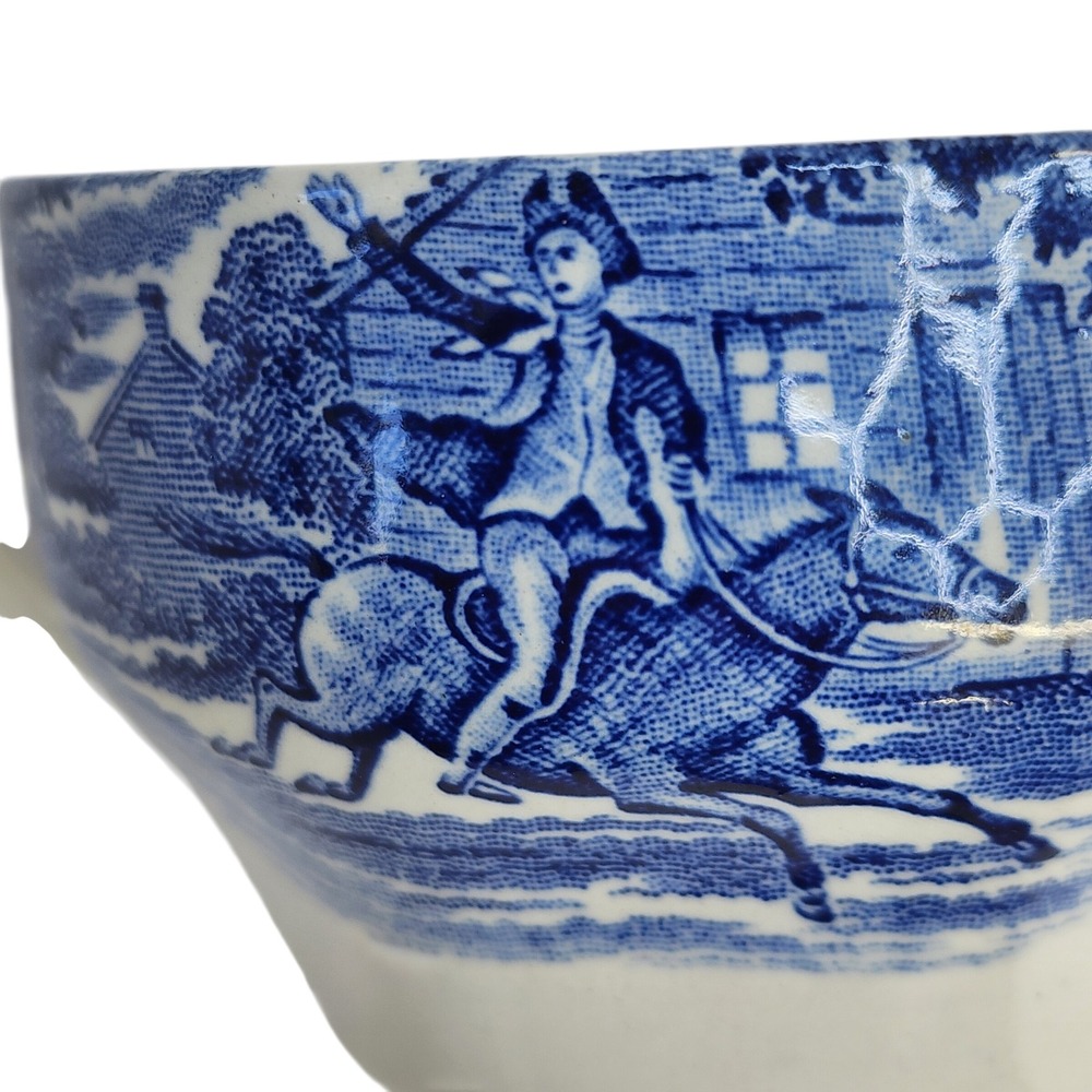 Vintage England Blue White Transferware Tea Cups Paul Revere Midnight RideSet 2 - Picture 3 of 5